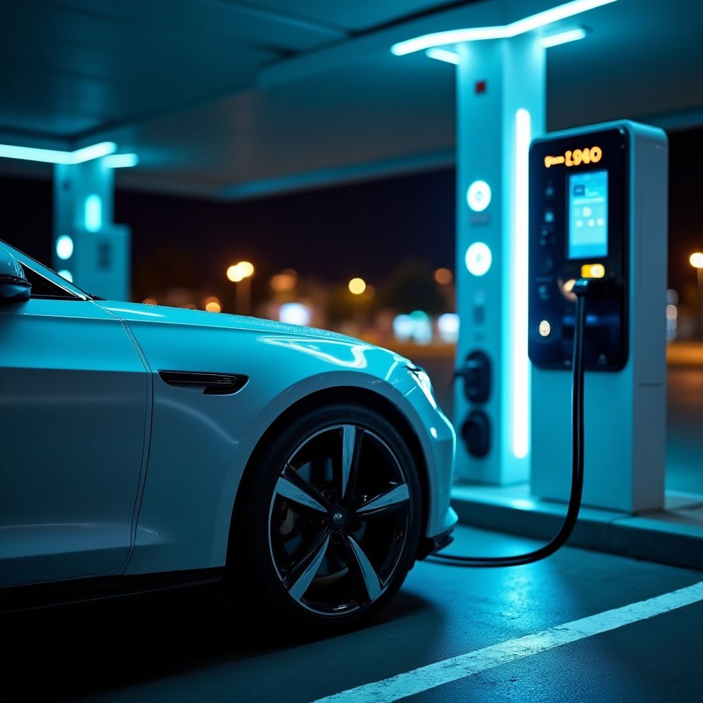Vehículo eléctrico cargando en una estación.