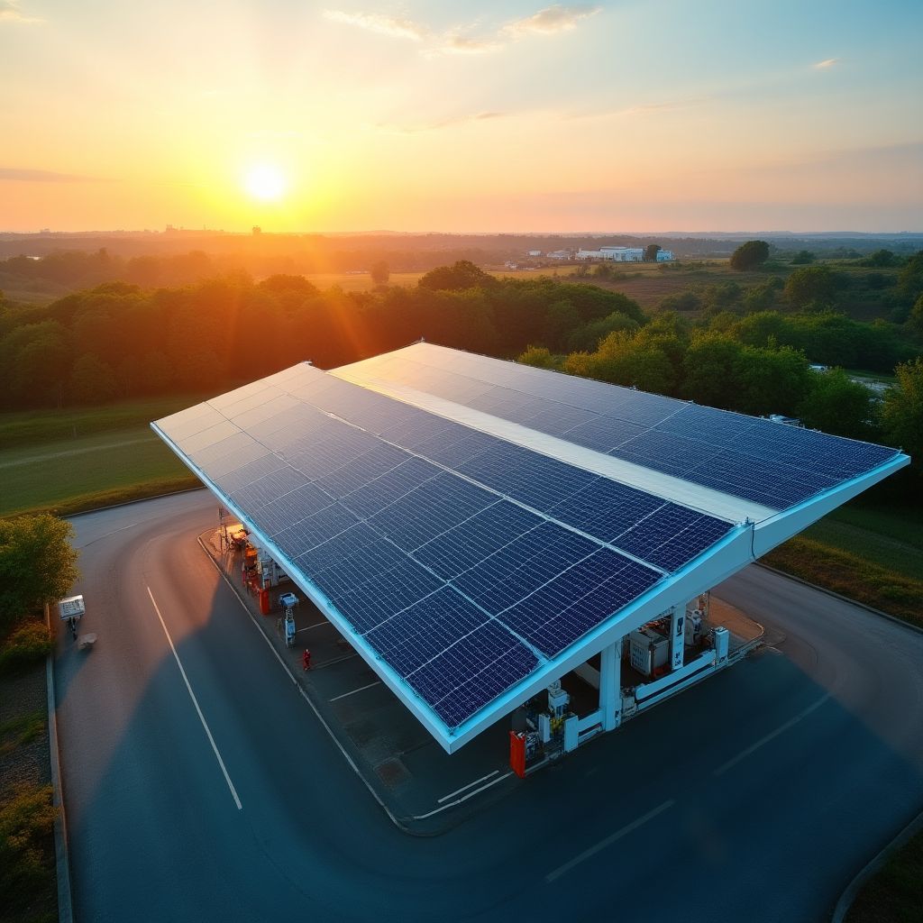 Paneles solares instalados en el techo de una estación de servicio.