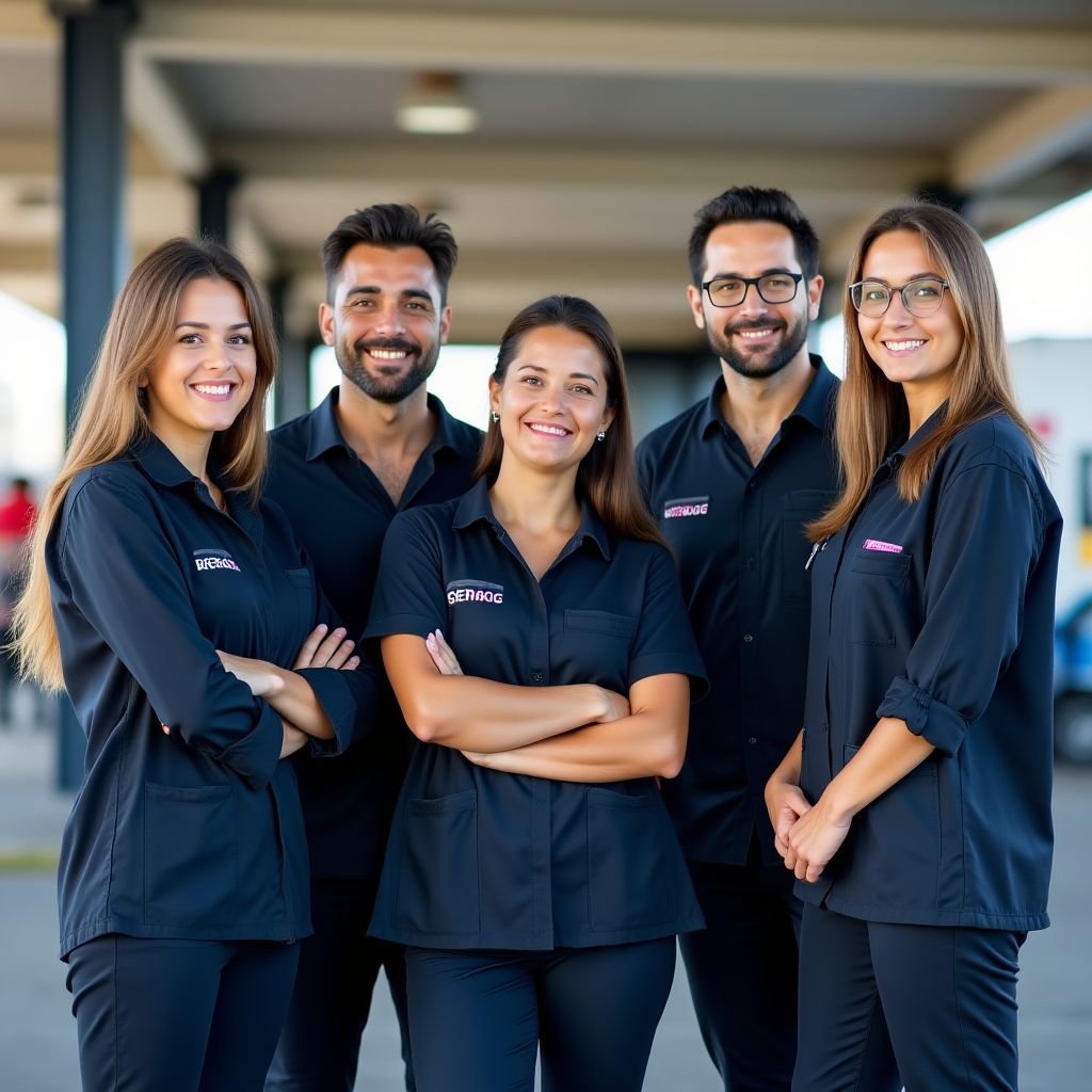 Equipo de trabajo sonriendo en una moderna estación de servicio en Argentina.